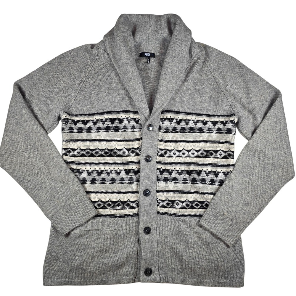 PAIGE Heather Gray Fair Isle Wool Blend Knit Cardigan Sweater Mens M NO SIZE TAG